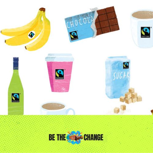 Graphic illustration showing a range of generic Fairtrade products - sugar, chocolate, bananas, wine, coffee and tea