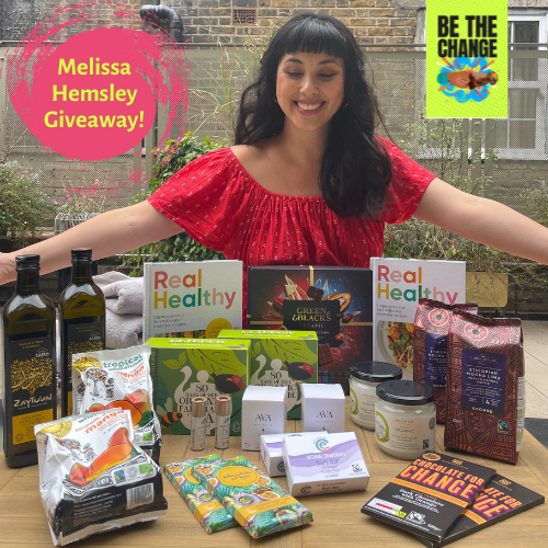 Melissa Hemsley standing behind a range of Fairtrade products