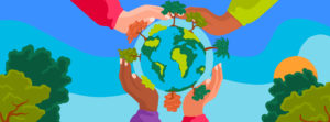 Bright illustration of four hands around a globe