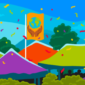 illustration with festival tents and confetti