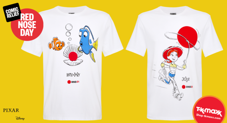 Red nose day Fairtrade t-shirts - left t-shirt Finding Nemo characters with red nose and on the right a Jessie character with a lasso catching the red nose
