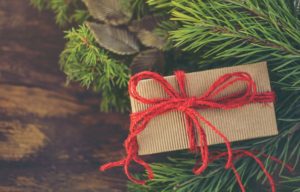 aesthetic image of a present wrapped in brown paper and red string among fir leaves