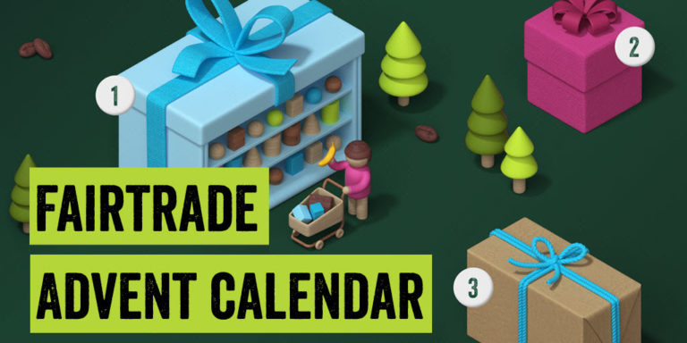 Illustration of gifts and trees with words, Fairtrade Advent Calendar