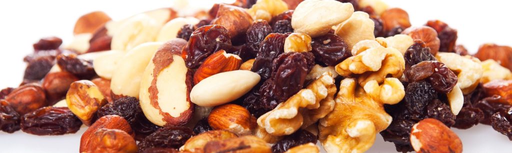 a range of almonds, walnuts and other nuts and dried raisins